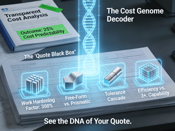 An engineer’s decision sandbox shows a complex 3D part model. Two glowing paths emanate from it: a blue, efficient line for 3+2 positioning (ideal for multi-sided parts) and a gold, fluid line for continuous 5-axis (for organic shapes), with a clear arrow making the strategic, geometry-based choice towards 3+2 for cost control.
