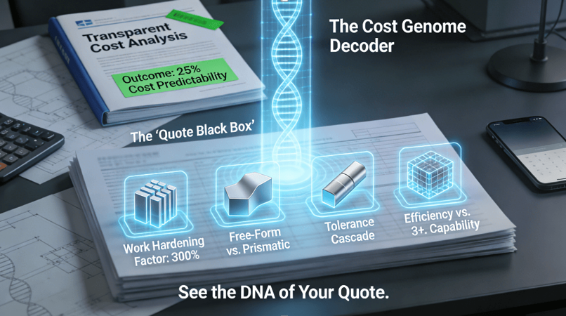 An engineer’s decision sandbox shows a complex 3D part model. Two glowing paths emanate from it: a blue, efficient line for 3+2 positioning (ideal for multi-sided parts) and a gold, fluid line for continuous 5-axis (for organic shapes), with a clear arrow making the strategic, geometry-based choice towards 3+2 for cost control.