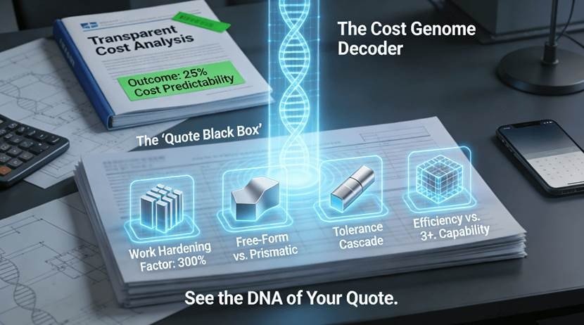 An engineer’s decision sandbox shows a complex 3D part model. Two glowing paths emanate from it: a blue, efficient line for 3+2 positioning (ideal for multi-sided parts) and a gold, fluid line for continuous 5-axis (for organic shapes), with a clear arrow making the strategic, geometry-based choice towards 3+2 for cost control