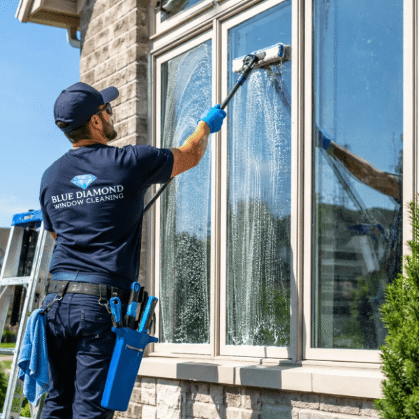 Professional window cleaner working on a residential property in London Ontario