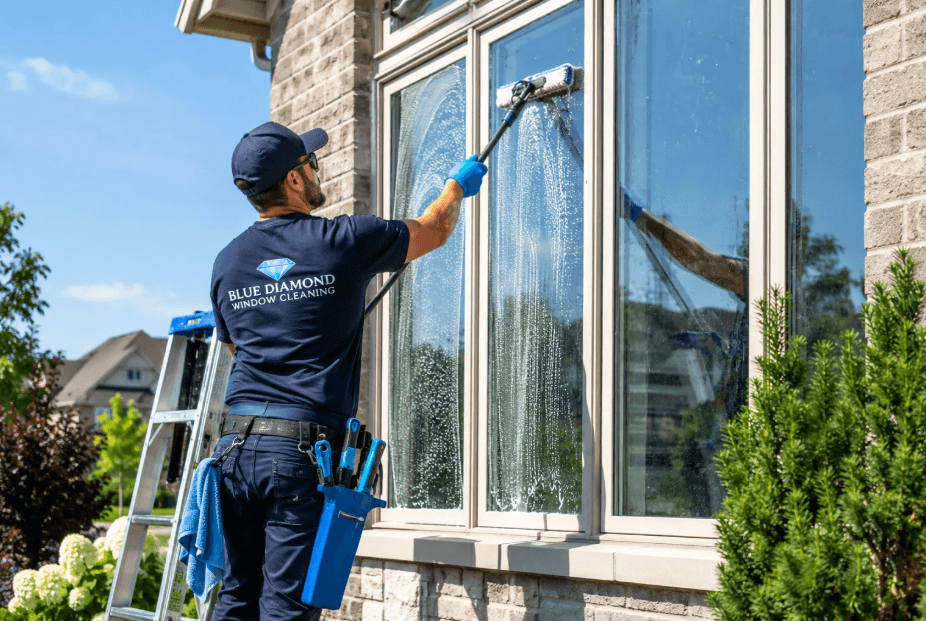 Professional window cleaner working on a residential property in London Ontario